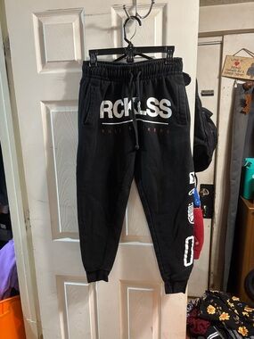 Young & Reckless Black Jogger Sweatpants with White Logo and Red Accent